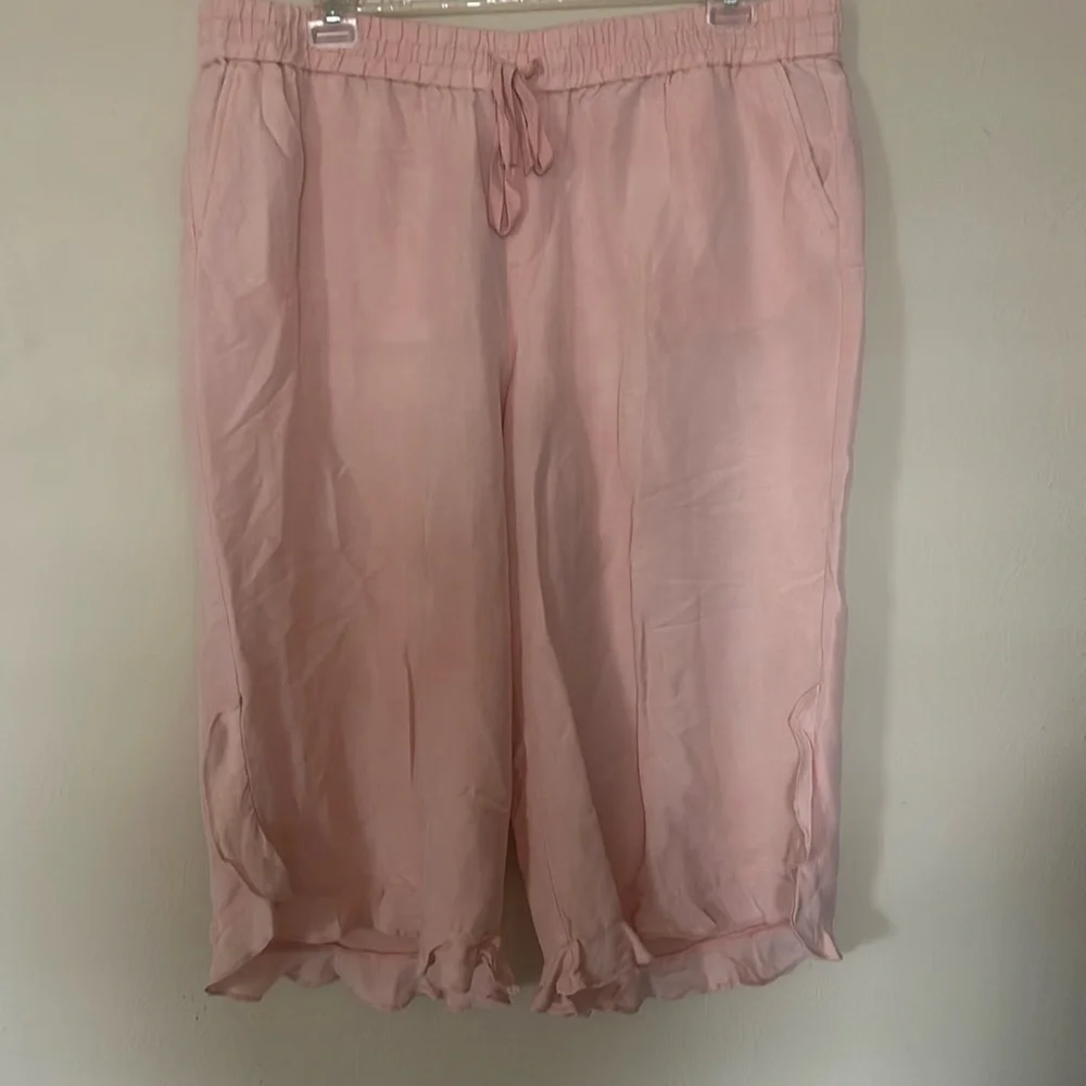 Lane Bryant Linen Ruffle-Hem Crop Peach Pants - Picture 3 of 10